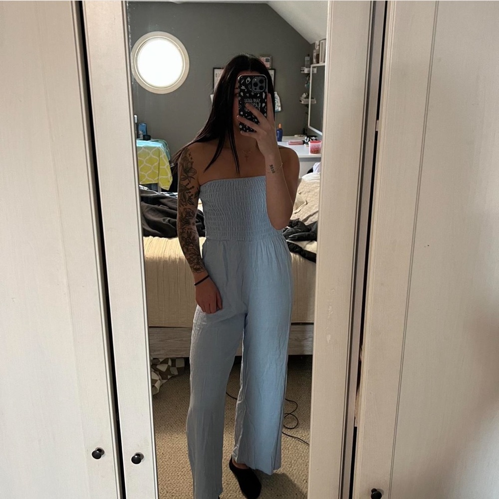 En Creme Strapless Light Blue Jumpsuit